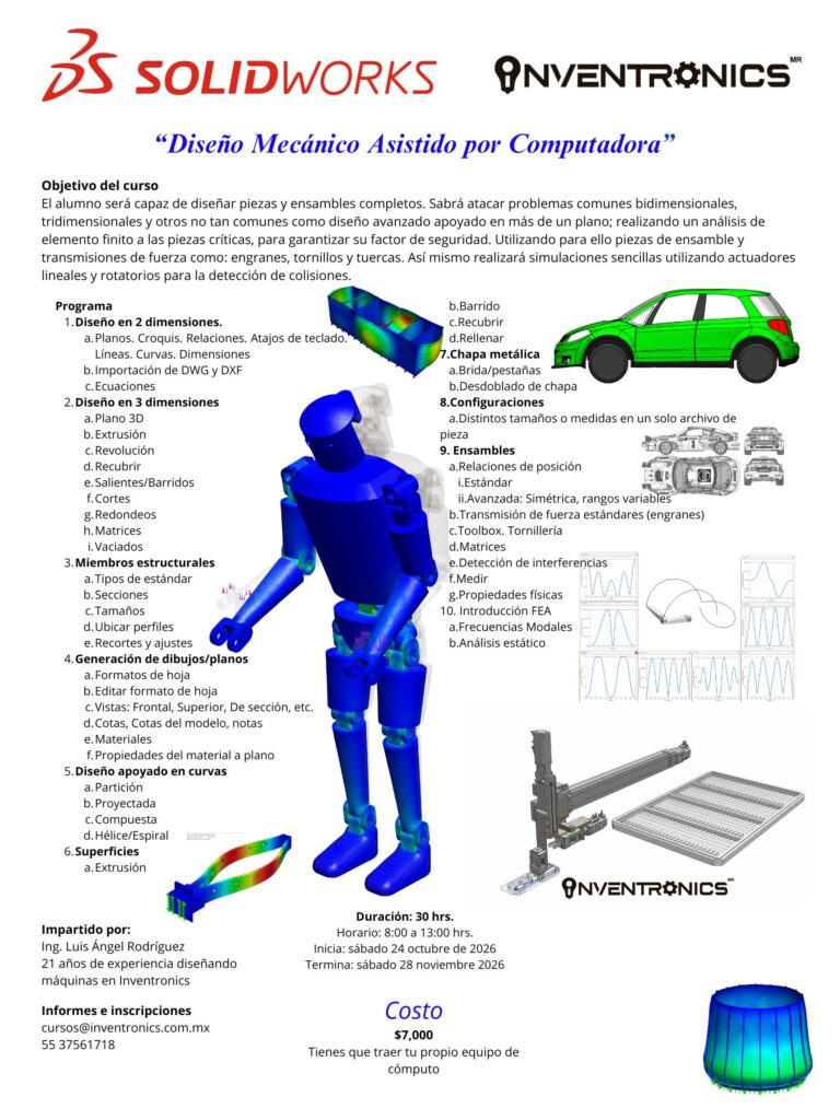 Póster del curso de SolidWorks Diseño Mecánico Asistido por Computadora, sábados del 24 de octubre al 28 de noviembre de 2026